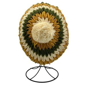 Vintage Hand-Knit Wool Beret With Pom-Pom Accent In Green Cream & Mustard For Ad